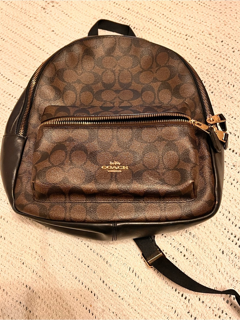 COACH Brown Signature Canvas Backpack  10 3/4" (L) x 12 1/2" (H) x 4" (W)